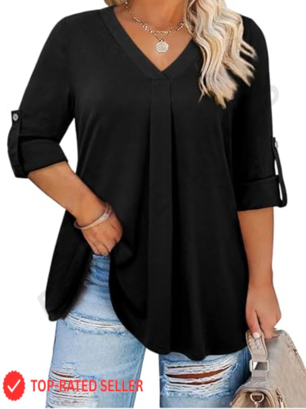 Plus Size V-Neck Tunic Top 3/4 Sleeve Ruched Blouse Relaxed Fit